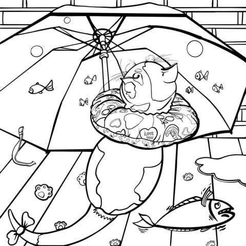 Adorable Cat Holding an Umbrella Coloring Page