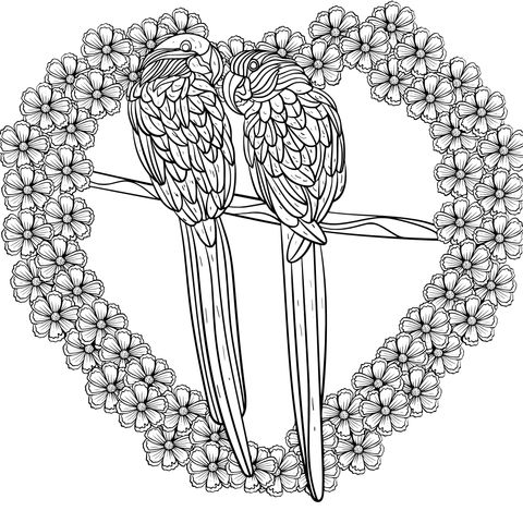 Coloring Page of Two Parrots in a Heart - shaped Flower Cluster