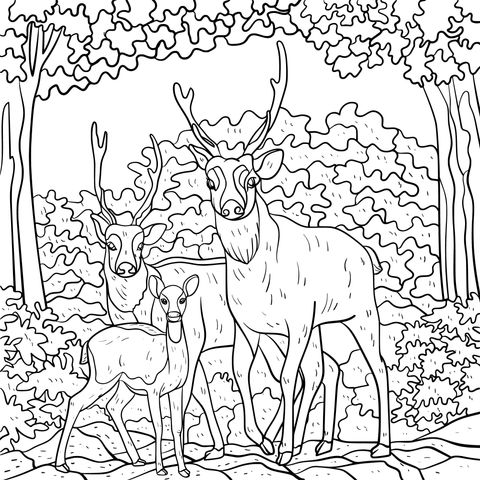 Deer Family in the Forest Coloring Page