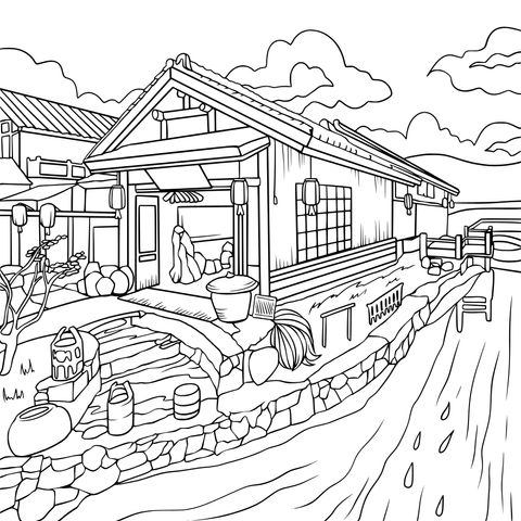 Página para colorear de paisaje de arquitectura japonesa tradicional