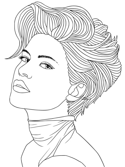 Página de colorear de ilustración de mujer de cabello corto y elegante