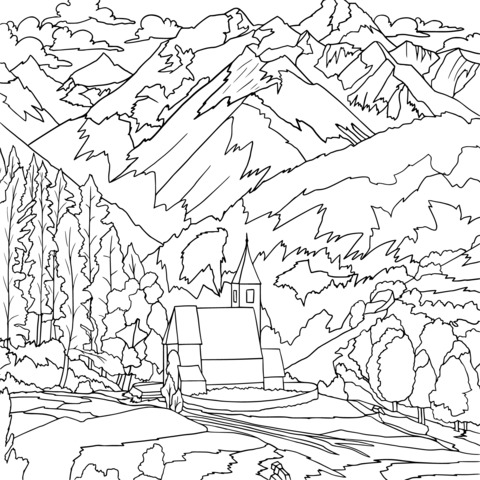 Mountain Church Landscape Coloring Page