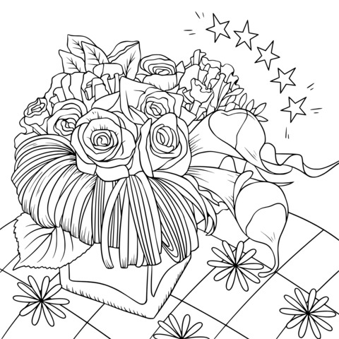 Colorful Flower Coloring Page: Exquisite Bouquet Illustration