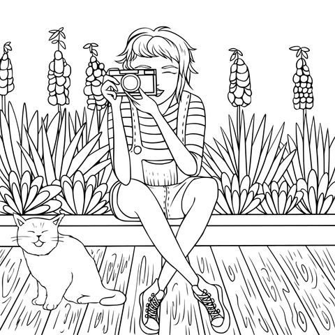 Coloring Page of a Girl and a Cat with a Photography Theme