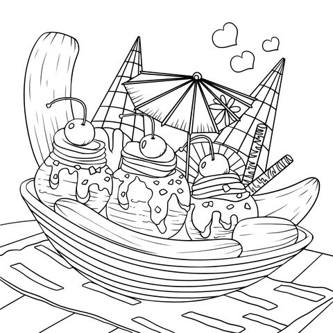 Delicious Banana Split Ice - Cream Coloring Page