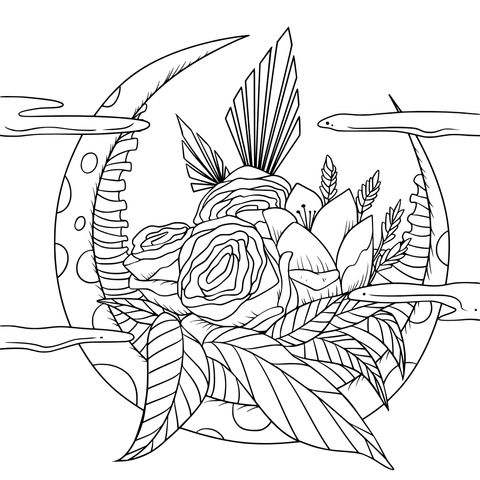 Moon and Flower - themed Coloring Page