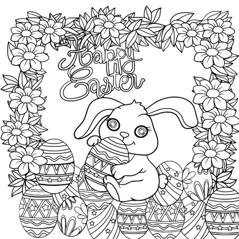 Easter - themed Coloring Page: Adorable Bunny and Eggs