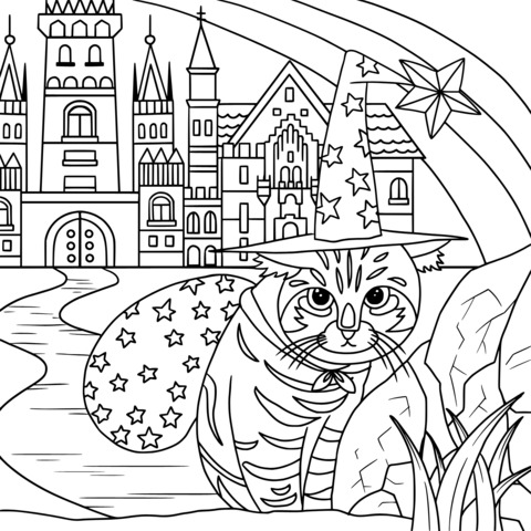 Página de Colorear de un Gato Mágico y un Castillo Soñador