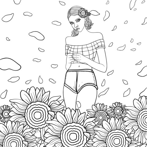 Fashionable Girl in a Sunflower Field Coloring Page