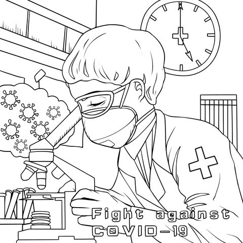 Coloring Page of a Researcher Fighting Against COVID - 19