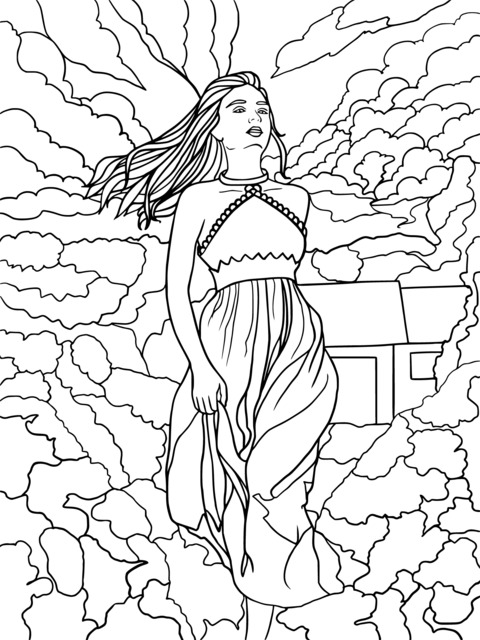 Coloring Page of a Blonde Woman in a Blue Dress among Flowers