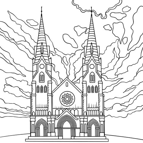 Página para colorear temática de iglesia: Iglesia de torres gemelas y cielo magnífico