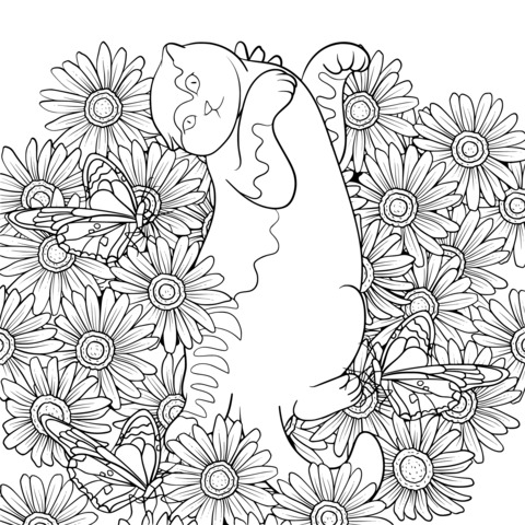 Black Cat with Flowers and Butterflies Coloring Page