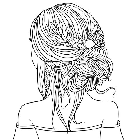 Coloring Page of a Woman's Back with Ornate Hair Accessories