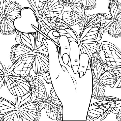 Coloring Page of a Hand Holding a Heart and Butterflies