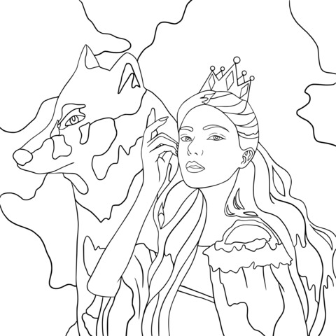 Fantasy Illustration Coloring Page of a Princess and a Wolf