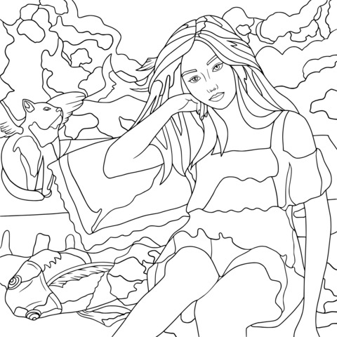 Dreamy Girl and Fantastic Animals Coloring Page