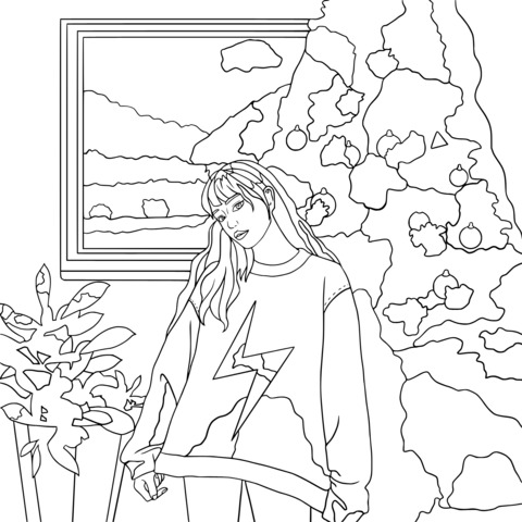 Fashionable Girl in Christmas Scene Coloring Page