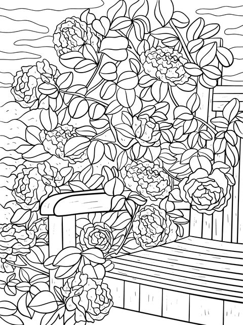 Coloring Page of a Wooden Bench Surrounded by Flowers