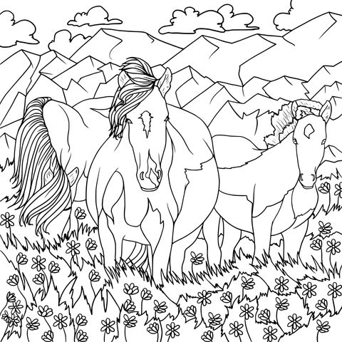 Coloring Page of Horses on the Grassland