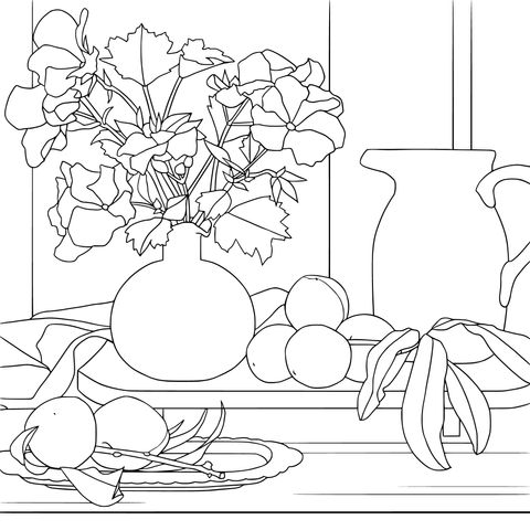 Still - life Flower Coloring Page: Vase, Peaches and Pitcher