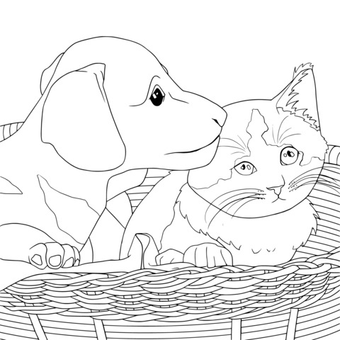 Dibujo para colorear de un perro y un gato adorables