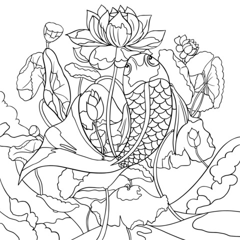 Koi Fish and Lotus Coloring Page