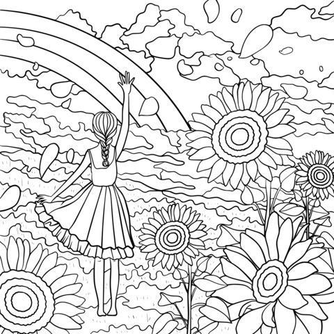 Página de colorear de una escena soñadora de una chica en un campo de girasoles