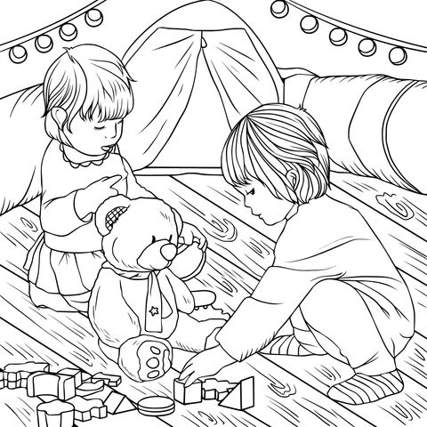 Coloring Page of Children Playing Scene