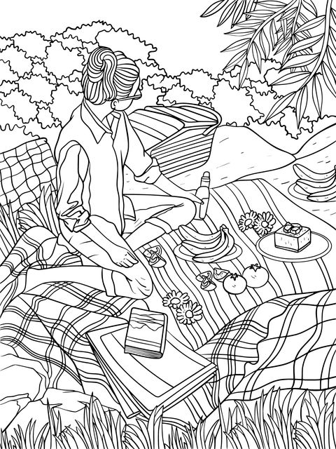 Coloring Page of a Girl Enjoying a Picnic