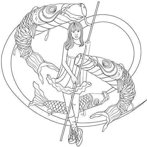 Coloring Page of a Girl with a Staff and Koi Fish