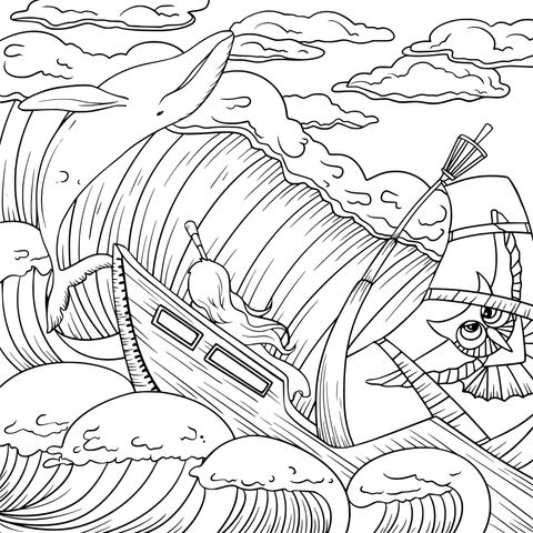 Sea Adventure Coloring Page: Boat, Whale and Waves