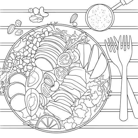 カラフルな野菜とチキンのサラダの塗り絵ページ