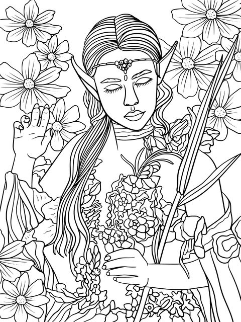 Fantasy Elf with Flowers Coloring Page