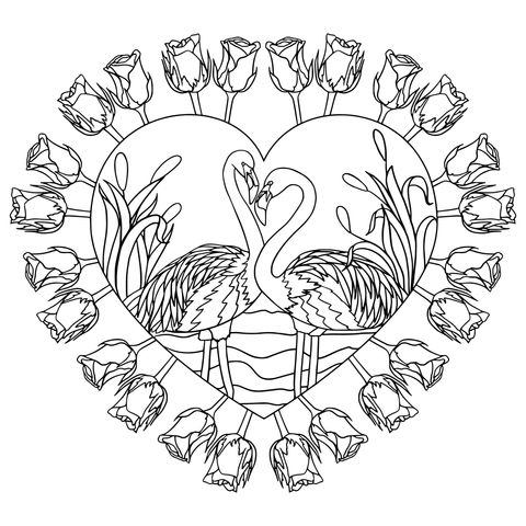 Flamingo and Rose Heart - shaped Coloring Page