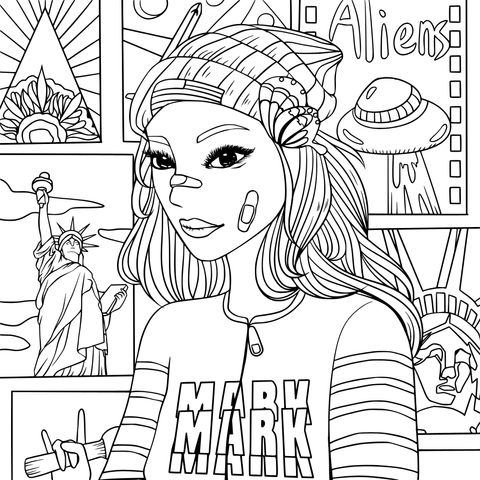 Creative Illustration Coloring Page: Stylish Girl and Fantasy Background