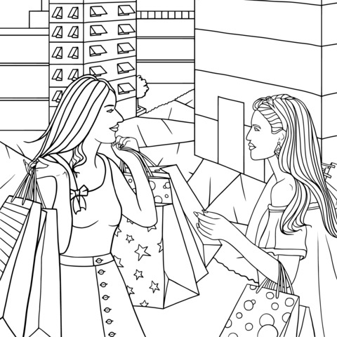 Coloring Page of Two Shopping Girls