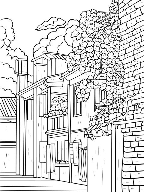 Coloring Page: A Colorful Street with Blooming Flowers