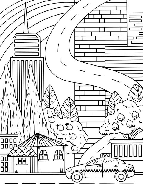 Cityscape Coloring Page: Rainbow, Skyscrapers and Streets