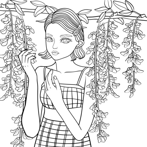 Coloring Page of a Girl under Flowers: A Stylish Girl Amid Golden Chain Flowers