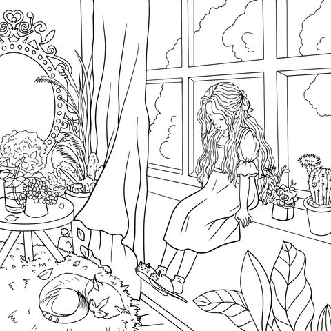 Cozy Coloring Page of a Girl and a Cat by the Window