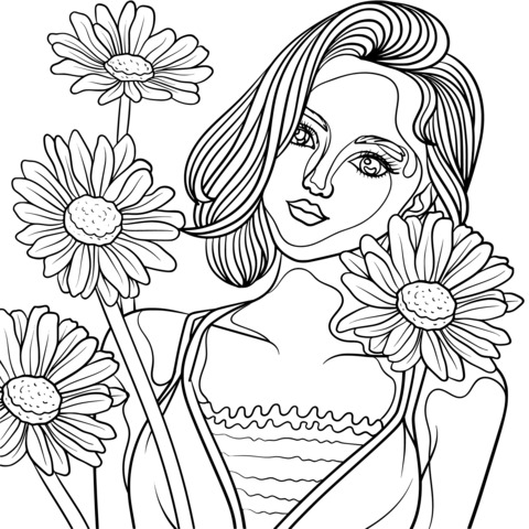 Página de Colorear de una Bella Chica y Daisies