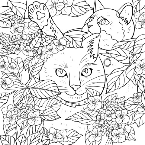 花の木の中の猫の塗り絵ページ