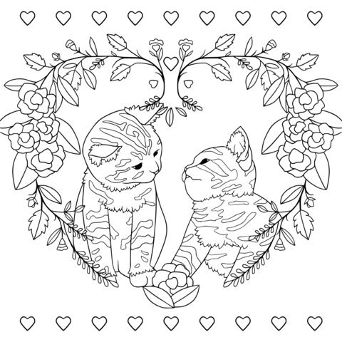 Adorable Cats with Flowers and Hearts Coloring Page