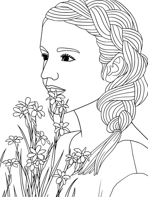 Página para Colorear de una Chica con Flores