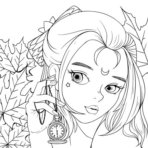 Autumn Girl with Pocket Watch Coloring Page