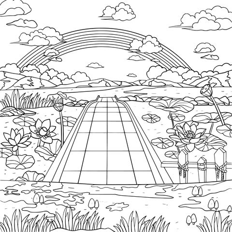 Coloring Page of Bridge - side Scenery under a Beautiful Rainbow