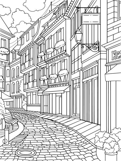 Coloring Page of a European - style Street in Colorful Hand - drawn Style