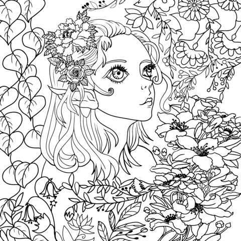 Fantasy Elf and Flower Coloring Page