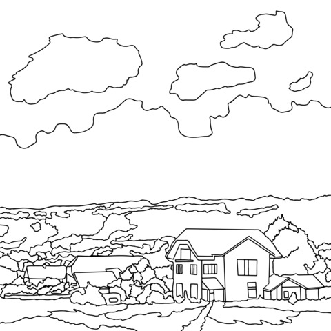 Rural Cottage Landscape Coloring Page